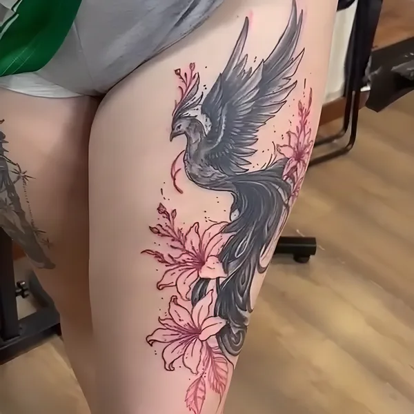 Fénix en negro con lirios rosas en el muslo